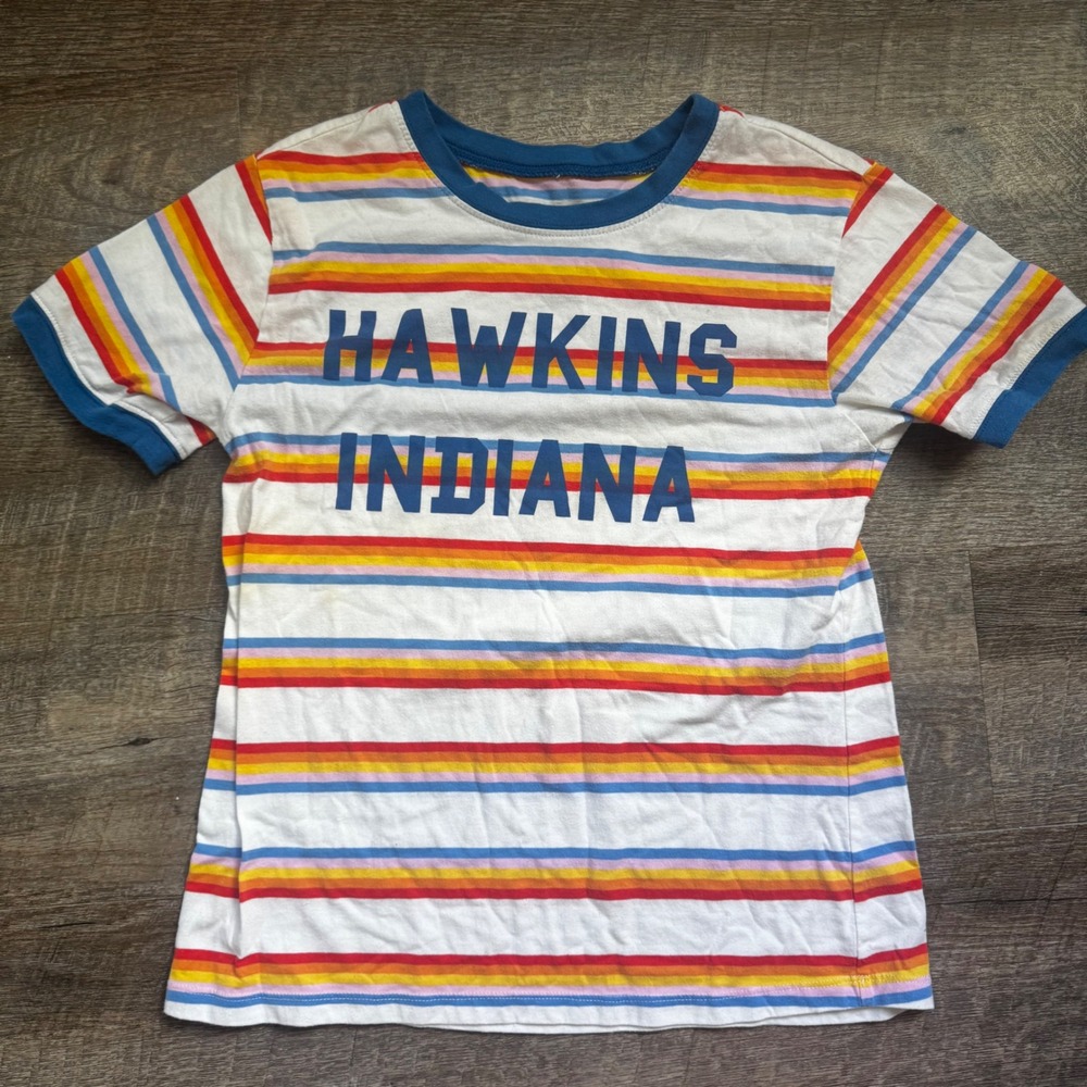 Stranger Things Hawkins Indiana Ringer T-Shirt Medium White Rainbow Stripes